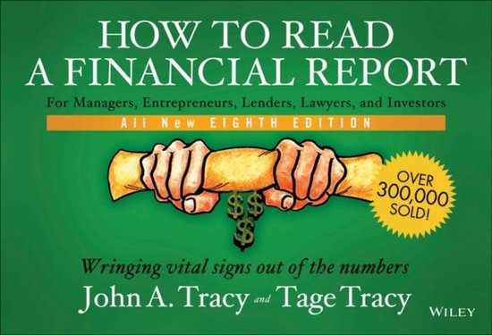 Boek 'How to Read a Financial Report' met handen die een perkamentrol vasthouden met dollartekens eraan. 'Over 300.000 verkocht!'
