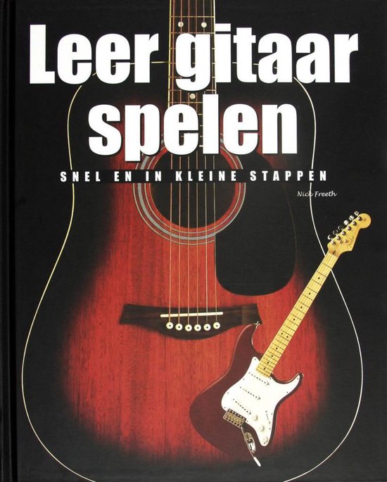 Boek 'Leer gitaar spelen' met afbeelding van een akoestische en elektrische gitaar.