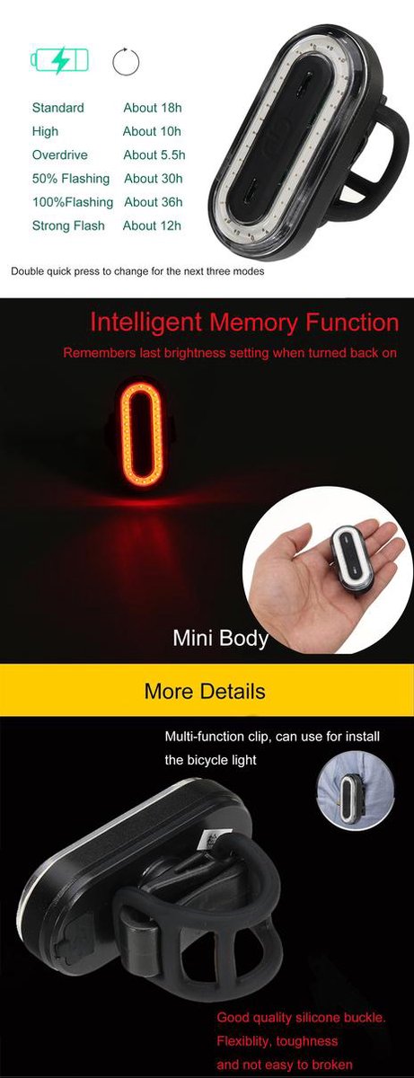 XANES Ultraheldere LED Fietsachterlicht - USB oplaadbaar - 100 Lumen - Oplaadbare Fietslamp — afbeelding 2