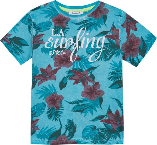 3pommes - Tshirt - Turkoise tye dye wash met bloemen - 7/8y - Maat 128