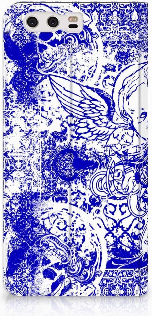 Mobiel BookCase Huawei P10 Plus Angel Skull Blauw