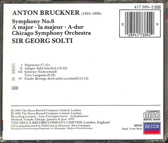 CD back cover of Symphony 6 by Anton Bruckner from Sir Georg Solti and the Chicago Symphony Orchestra on Decca.
