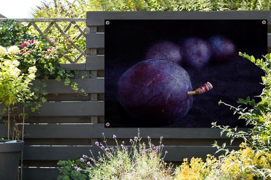 Mystérieuse photo de prunes violettes sur fond noir Affiche de jardin 180x120 cm - Toile de jardin / Toile d'extérieur / Peintures d'extérieur (décoration de jardin) XXL / Groot format!