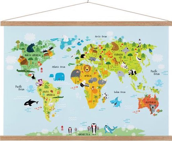 cement klif Groene achtergrond Wereldkaart voor kinderen schoolplaat dieren kinderkamer 90x60cm ronde  stokken -... | bol.com