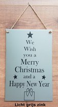 Zinken tekstbord we wish you a merry Christmas licht grijs