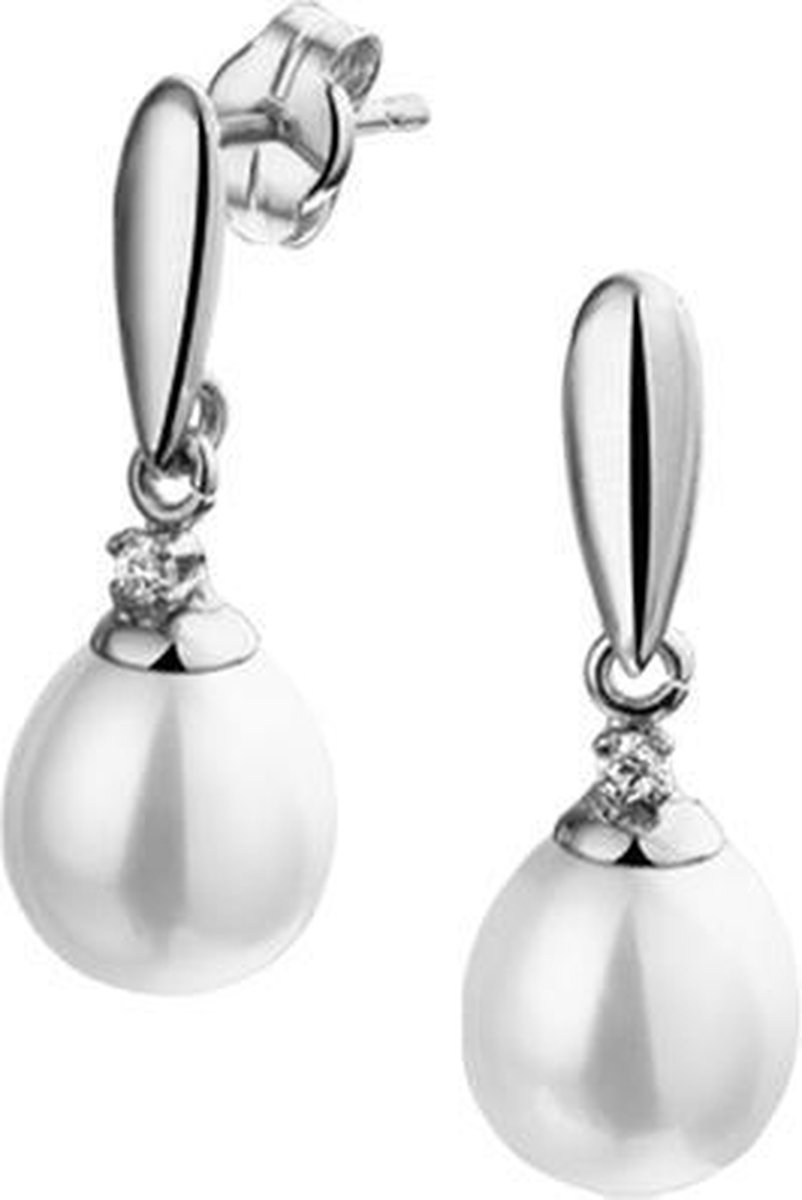 The Jewelry Collection Oorhangers Parel En Zirkonia - Witgoud