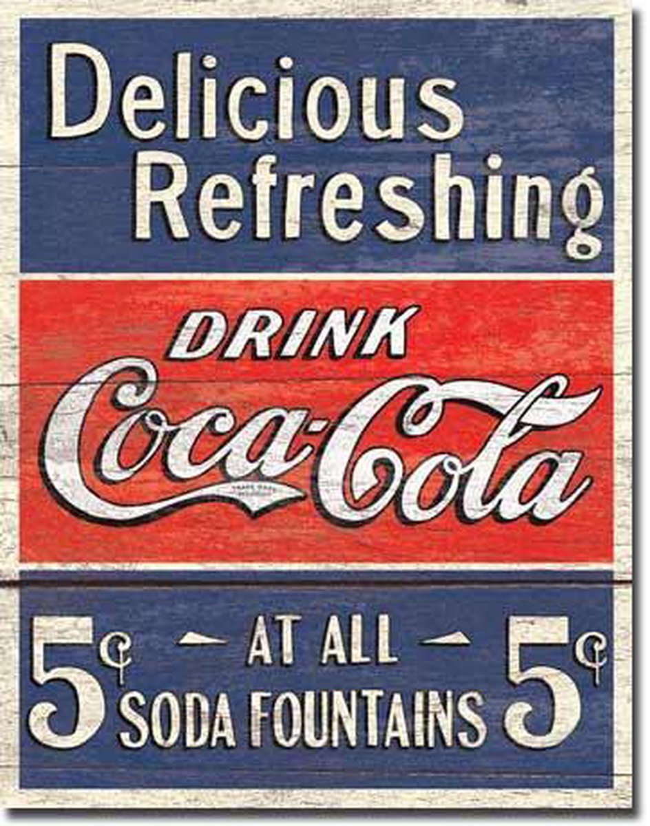 Coca-Cola Retro Wandbord 'Delicious & Refreshing' blauw rood Metaal 30 x 40 cm