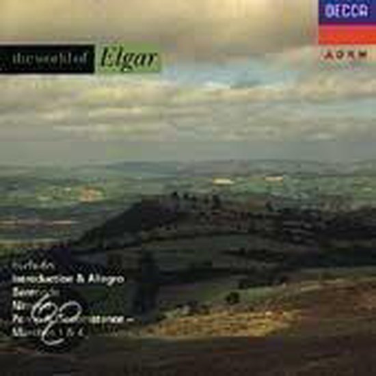 Albumcover voor 'The World of Elgar' met een glooiend landschap onder een bewolkte lucht.