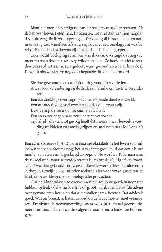 Pagina 12 uit een boek, met de titel 'Waarom eet je te veel?' en tekst over eetgedrag.