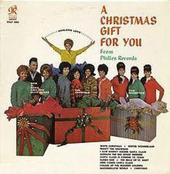 Albumhoes van "A Christmas Gift for You from Philies Records" met een groep van 10 mensen, 2 grote kerstcadeaus.