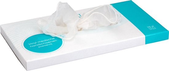 Doos met 10 stuks niet-steriele, poedervrije vinyl medische handschoenen van Natalis, met handschoenen erop.