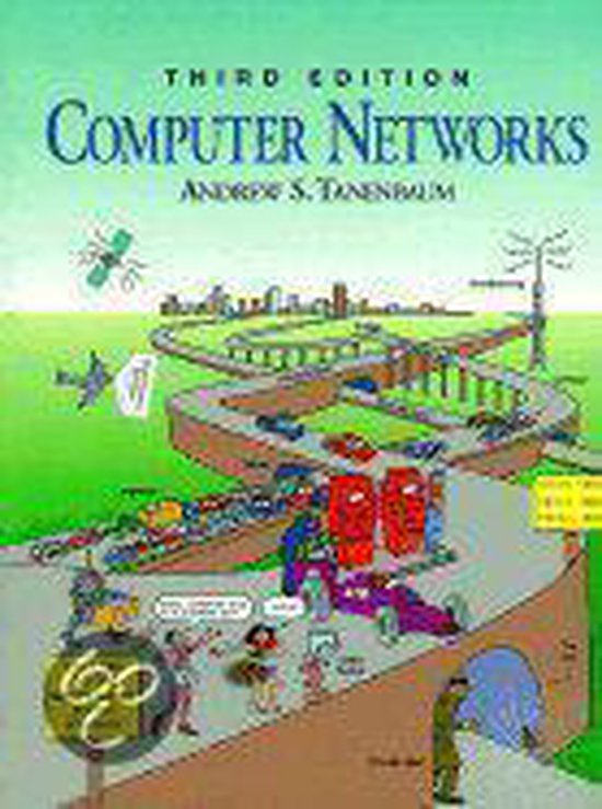 Boek "Computer Networks" Derde Editie. Illustratie van een snelweg met auto's en vliegtuigen.