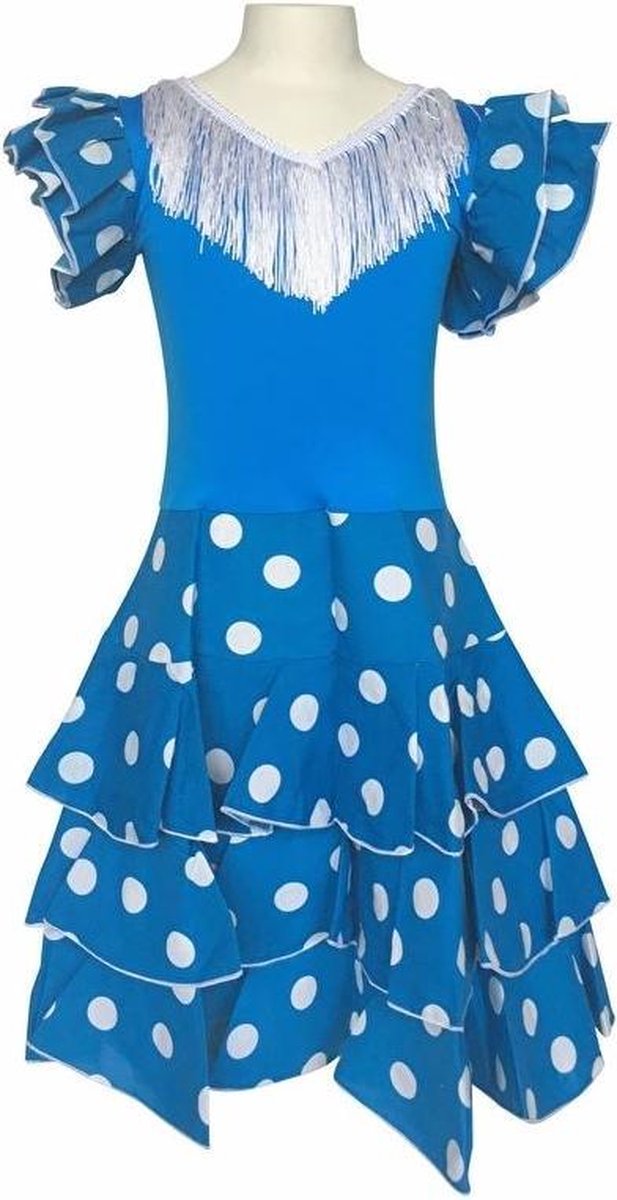 Spaanse jurk - Flamenco - Niño - Blauw/Wit - Maat 92/98 (4) - Verkleed jurk