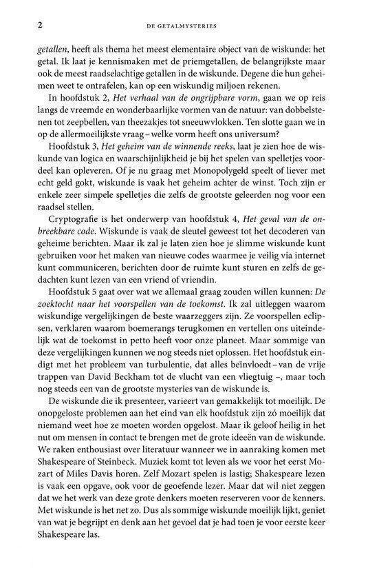 Pagina 2 met een samenvatting van de hoofdstukken van 'De Getal-Mysteries'.