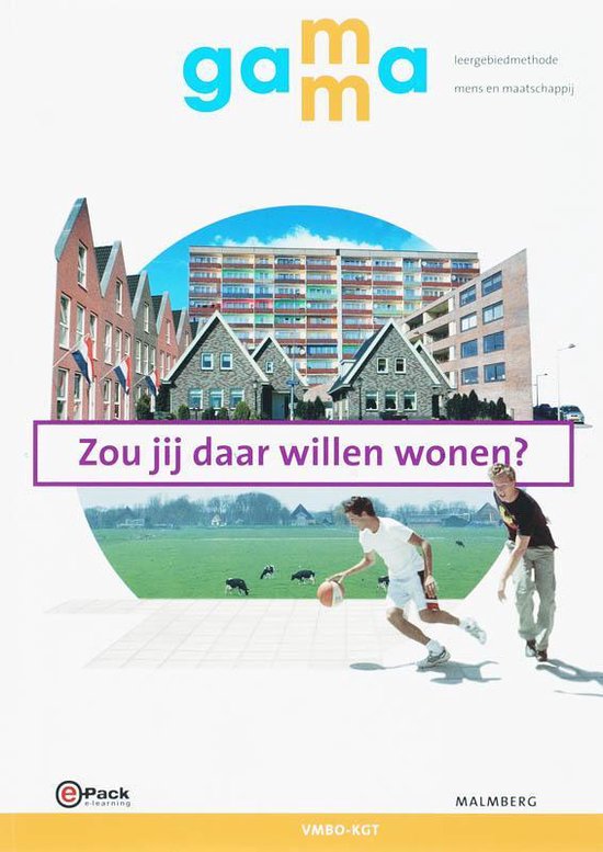 Boek 'GaMMa' met de tekst 'Zou jij daar willen wonen?', een collage van huizen, een flatgebouw, twee jongens die basketballen en vee in een weiland.