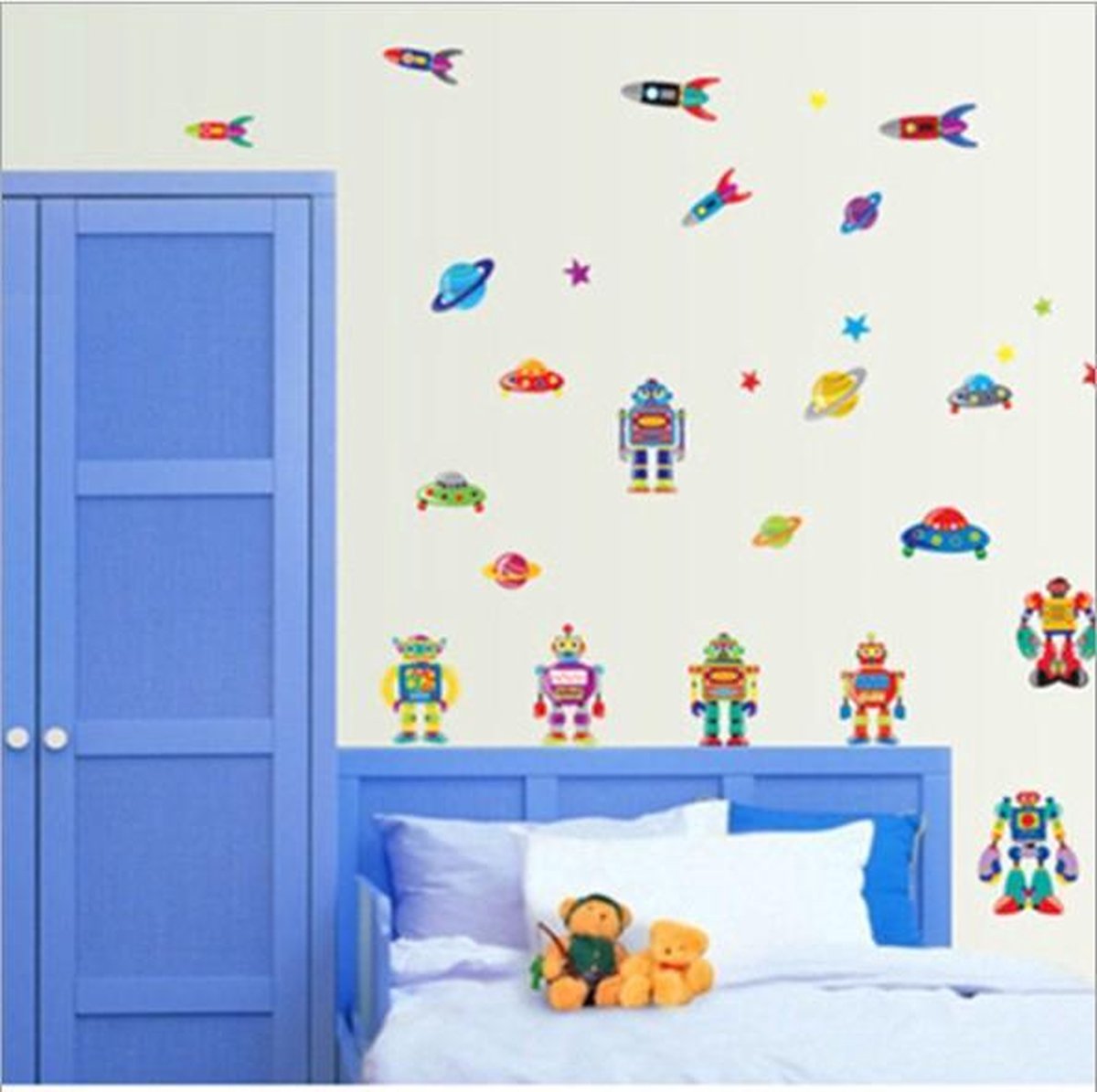 Moderne muursticker – Stoere Jongens kleuren – Planeten – Ruimteschepen – Spaceshuttles – Robot – Muurstickers kinderkamer – Babykamer – Accessoires babykamer – Jongens – 50 x 70 minimaal (lxb) cm