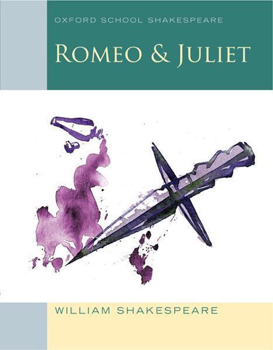 Boek "Romeo & Juliet" met een aquarel van een dolk en paarse inktvlekken.