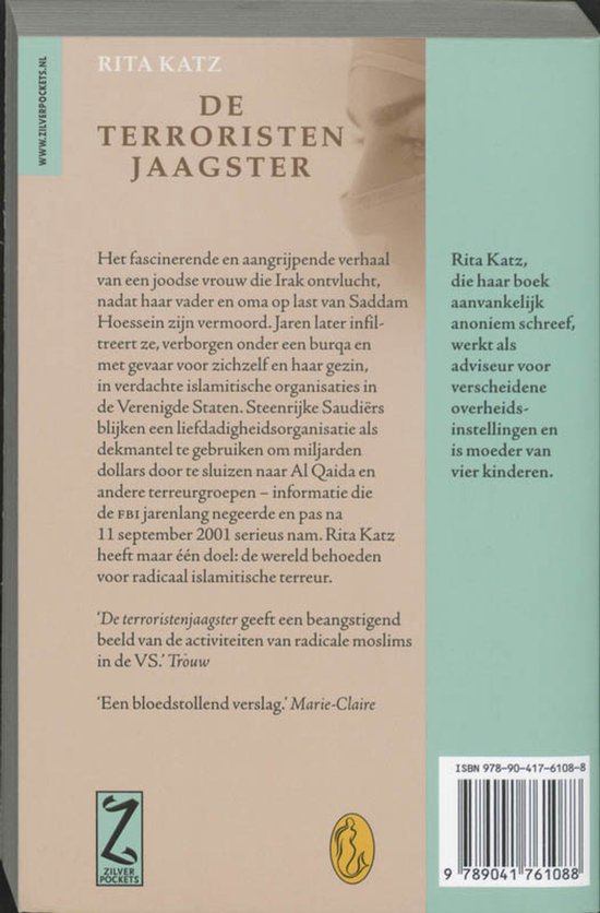 Boekomslag van 'De Terroristenjaagster' met portret van Rita Katz en tekst over haar verhaal. ISBN 978-90-417-6108-8.