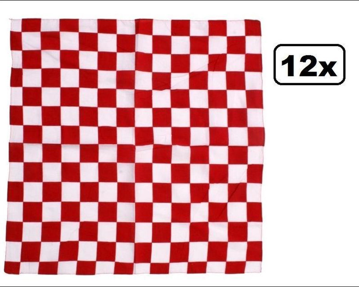 Afbeelding van product Thema party  12x Brabants bont bandana/zakdoek 56x56 cm - zakdoek bandana carnaval rood wit geblokt