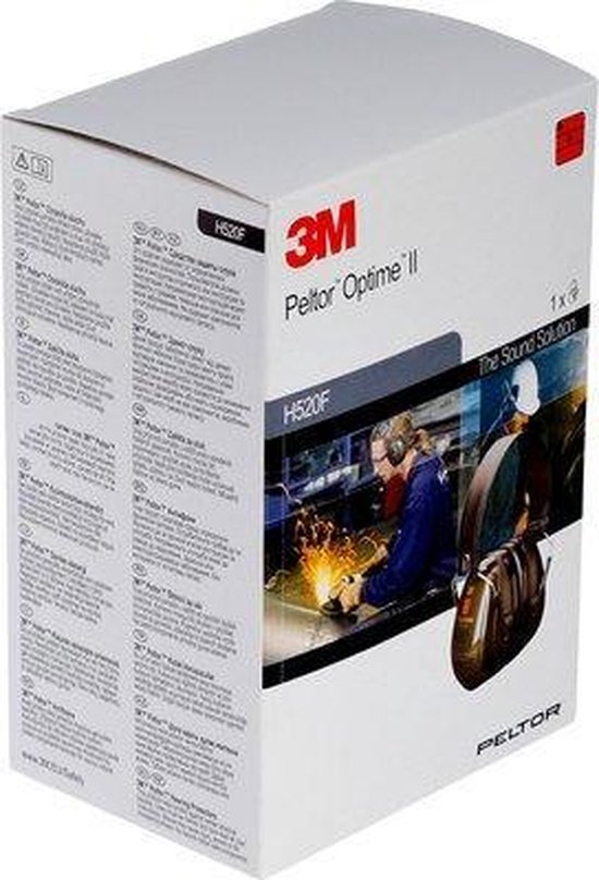 Doos van 3M Peltor Optime II gehoorbeschermers, met productinformatie en afbeelding van gebruik.