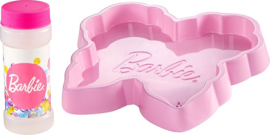 Roze Barbie zeepfles met bubbels en een roze, hartvormige bak met 'Barbie' logo.
