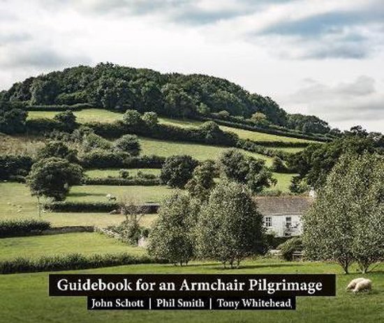 Boekomslag met een groen heuvellandschap, bomen, een huisje en schapen, titel: Guidebook for an Armchair Pilgrimage.
