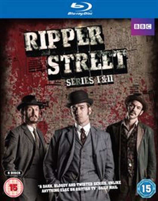 Drie mannen in pak en hoed, met de tekst "RIPPER STREET SERIES I & II".