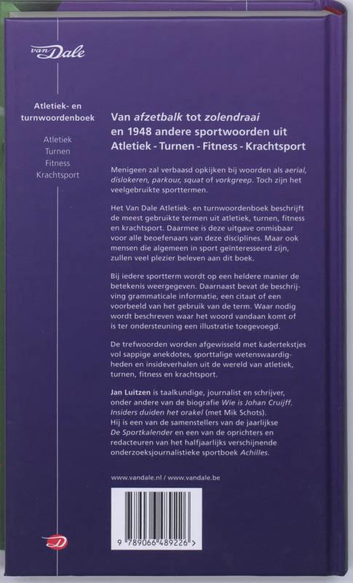 Achterkant van het Van Dale Atletiek- en turnwoordenboek.