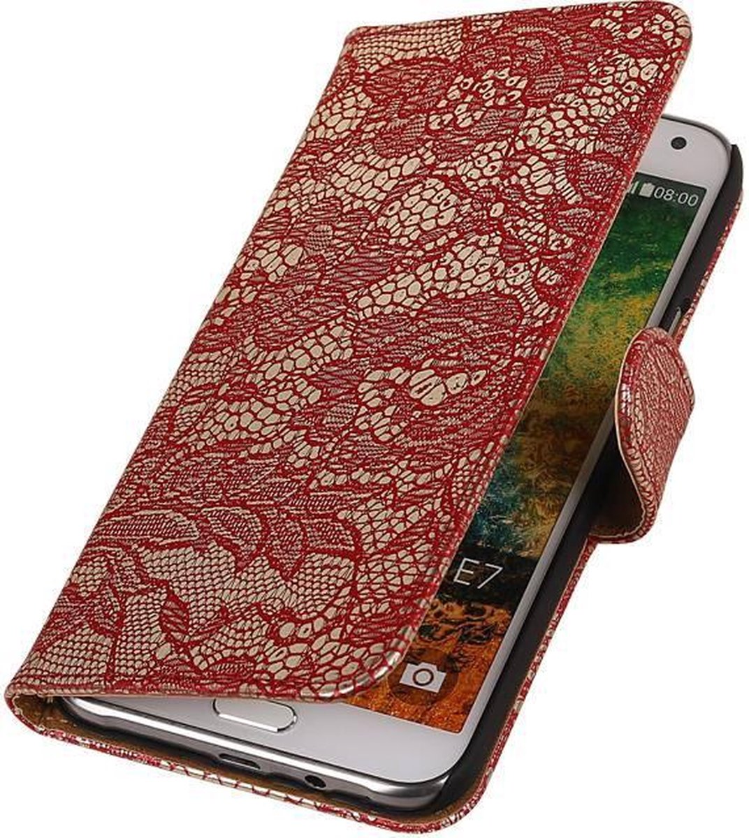 Samsung Galaxy E7 - Lace Bloem Design Rood - Book Case Wallet Cover Hoesje