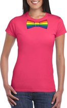 Roze t-shirt met regenboog vlag strikje dames S