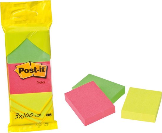 Notes Post-it®, jaune néon, rose, vert, 38 x 51 mm, 3 Blocs, 100