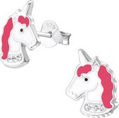 Fako Bijoux® - Kinderoorbellen - 925 Zilver - Eenhoorn - Unicorn - Kristal - 8x11mm - Roze/Wit