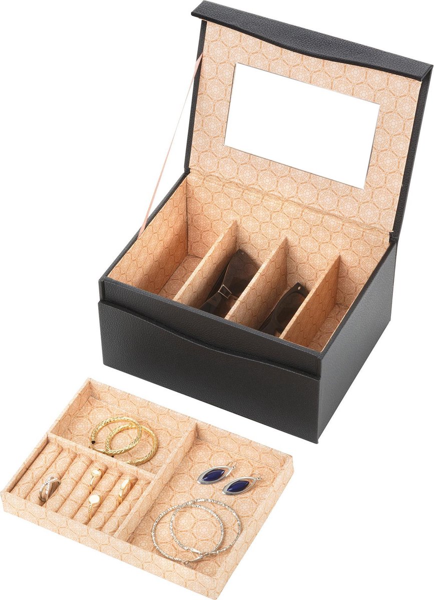 Treasury Magnetic Sieradendoos - Juwelendoos met spiegel - Opbergbox kunstleder - Zwart - Treasury