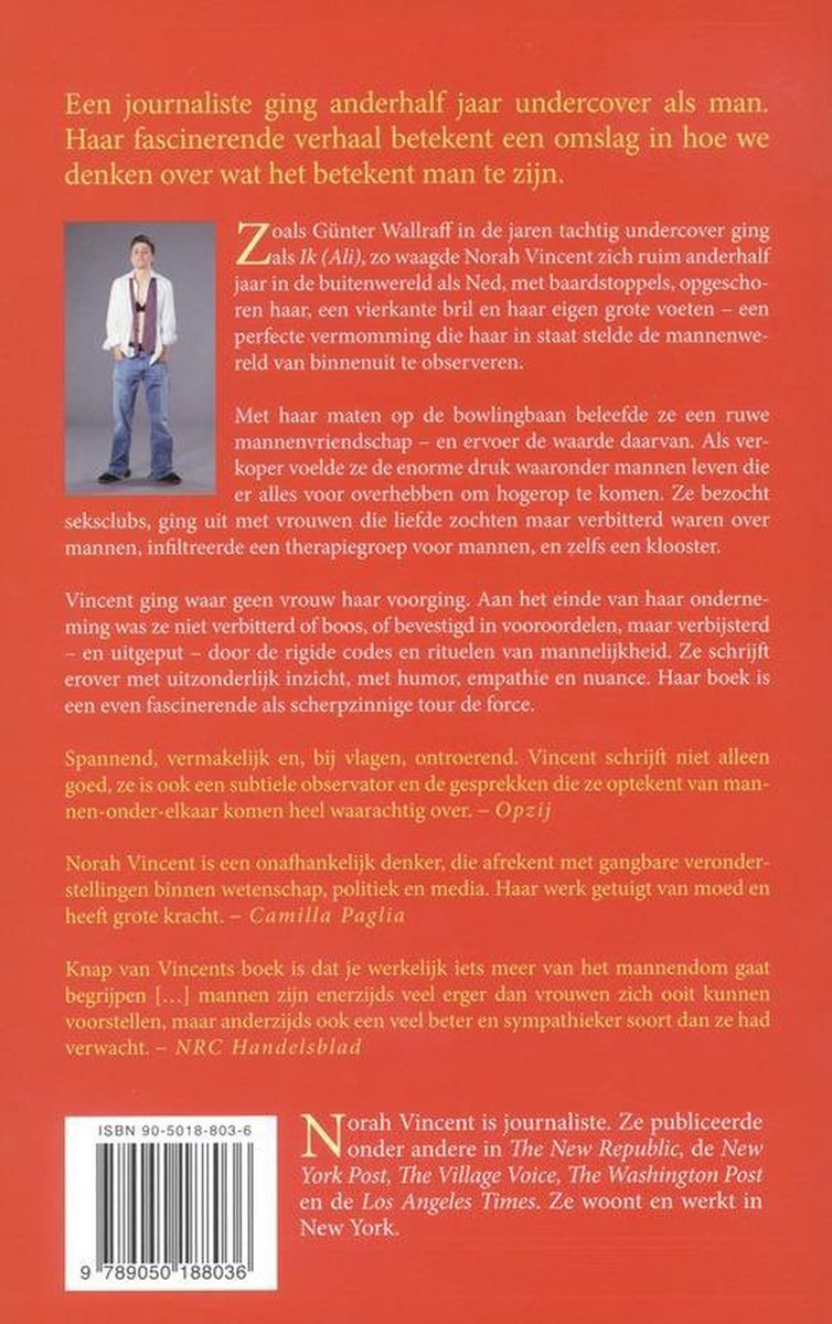Achterkant boek "Onder Mannen" met foto van Norah Vincent, tekst en ISBN.