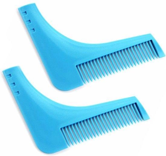 Twee blauwe baardkammen, een voor baardverzorging, op een witte achtergrond.