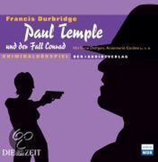 Paarse hoes van Paul Temple und der Fall Conrad met silhouetten van een vrouw met pistool en een man met hoed.