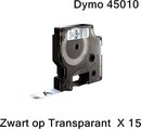 15 x  45010 Zwart op Transparant Standaard Label Tapes Compatible voor Dymo LabelManager 100 110 120P 150 160 PC2 200 210D 220P 260 260P 280 300 350 350D 360D 400 420P 450 / 12mm x 7m