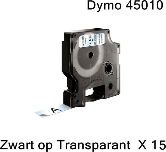 15 x  45010 Zwart op Transparant Standaard Label Tapes Compatible voor Dymo LabelManager 100 110 120P 150 160 PC2 200 210D 220P 260 260P 280 300 350 350D 360D 400 420P 450 / 12mm x 7m