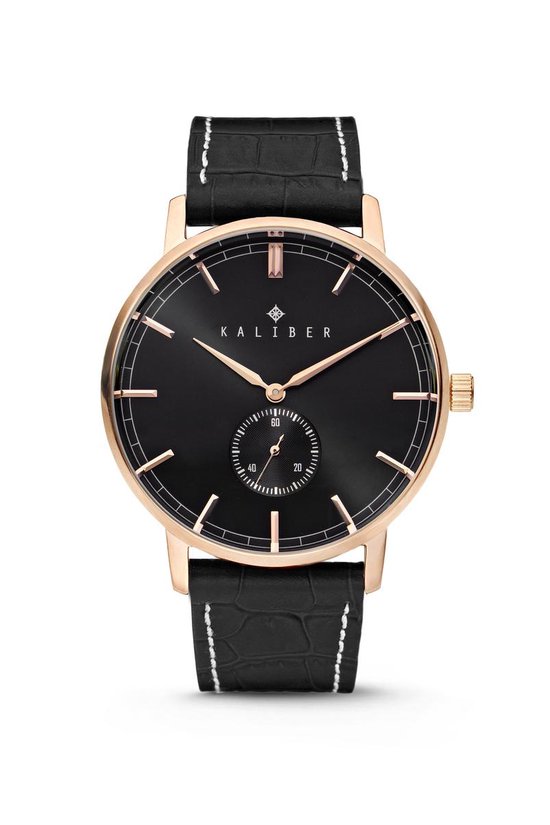 Kaliber 7KW-00004 - Stalen Horloge met Leren Band - Zwart en Rosékleurig - 40 mm