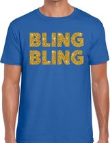 Bling Bling glitter tekst t-shirt blauw heren - heren shirt Bling Bling L