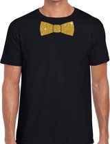 Zwart fun t-shirt met vlinderdas in glitter goud heren L