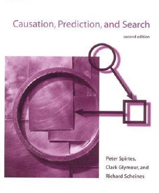 Boekomslag 'Causation, Prediction, and Search' met paarse geometrische vormen en een vergrootglas.