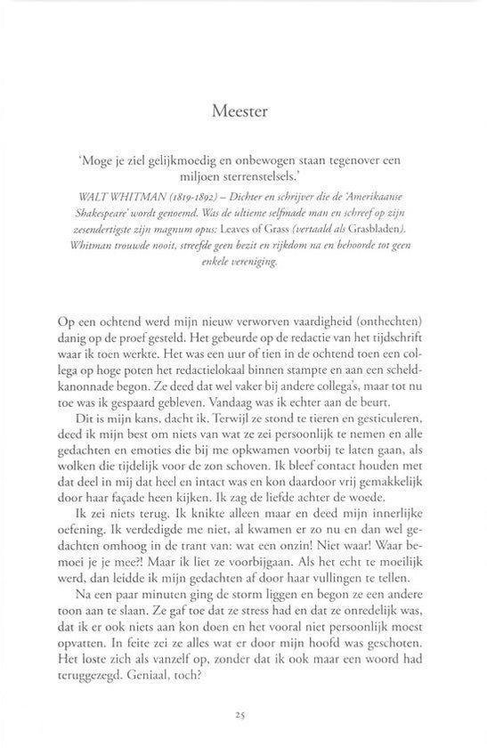 Pagina uit een boek met de titel 'Meester' en citaat van Walt Whitman.