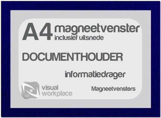 Blauw magnetisch A4-documentenvenster met tekst "DOCUMENTHOUDER" en "visual workplace" logo.