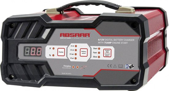 Absaar Acculader + Jumpstarter 6/12 Volt 25-120 Ah 12 Ampère Rood