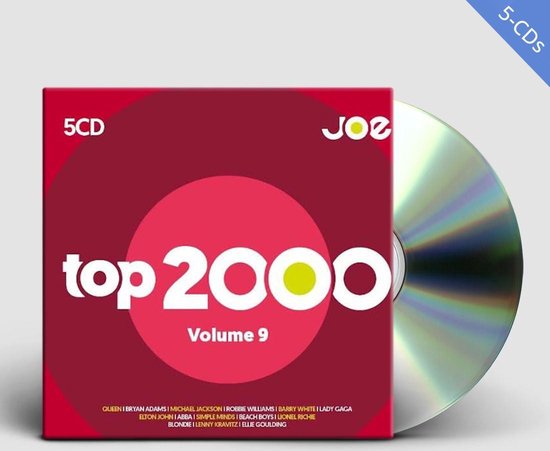 Joe Top 2000 Volume 9 boxset met 5 cd's en een glanzende cd-disc in rood en roze design.
