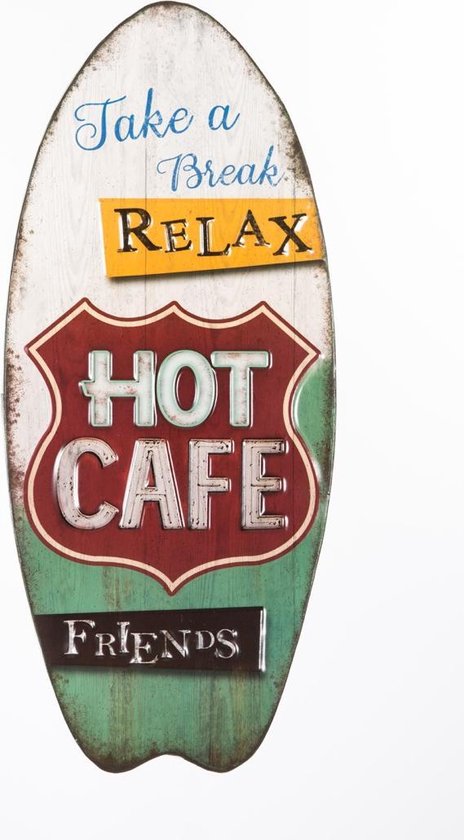 Signs-USA Surf Hot Cafe - koffie - surfplank - retro wandbord - 53 x 2 x 23 cm