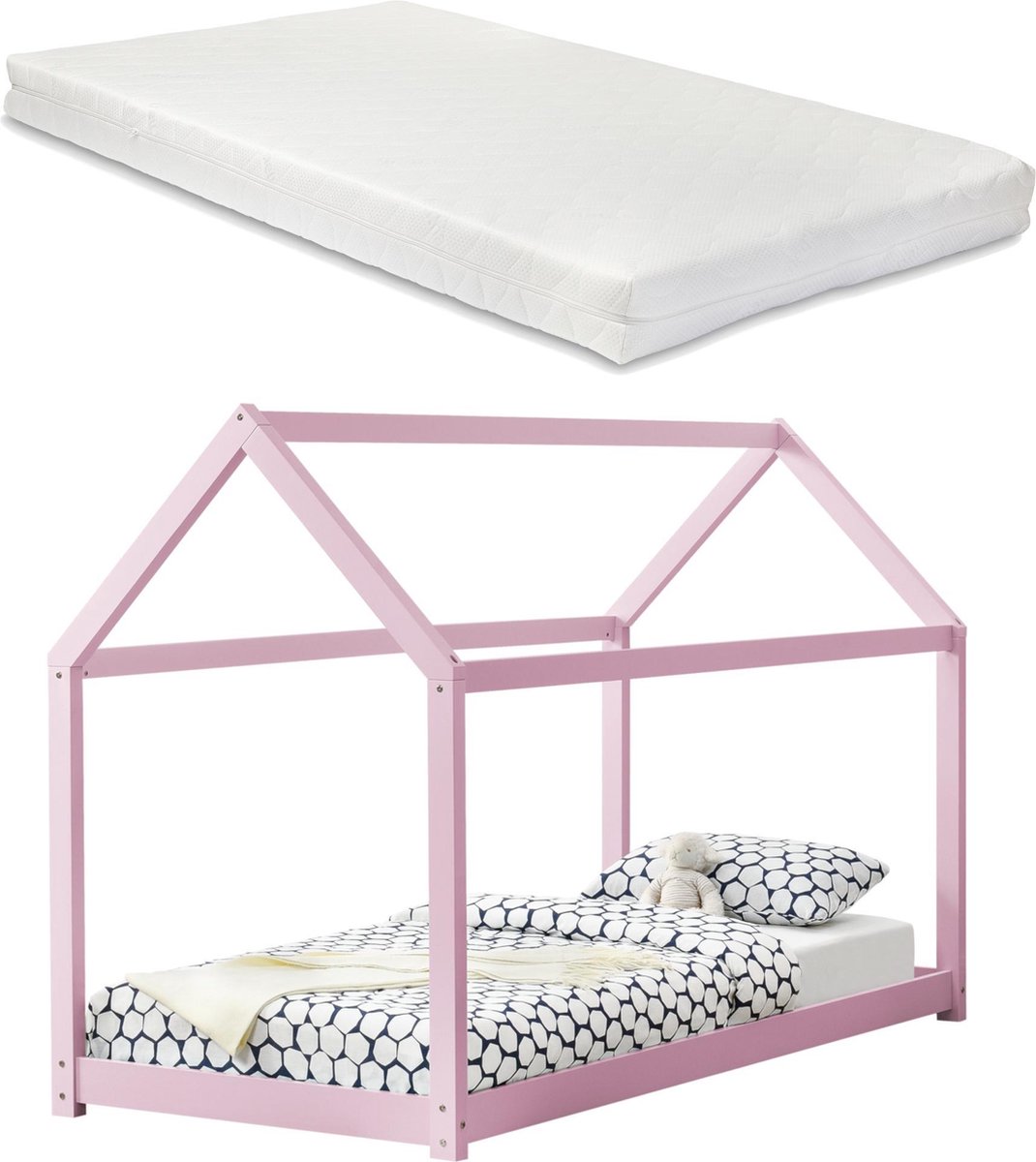 Kinderbed huisbed 200x90 met matras roze