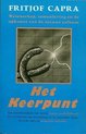 Boekcover "Het Keerpunt" door Fritjof Capra, met een afbeelding van twee metalen hoorns verbonden door elektriciteit.