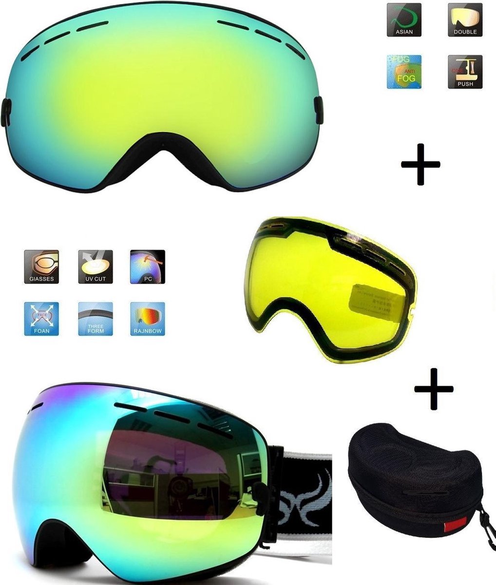 Ski bril met box en EXTRA lens Smoke Gold frame Zwart F type 4 Cat. 0 tot 4 - ☀/☁